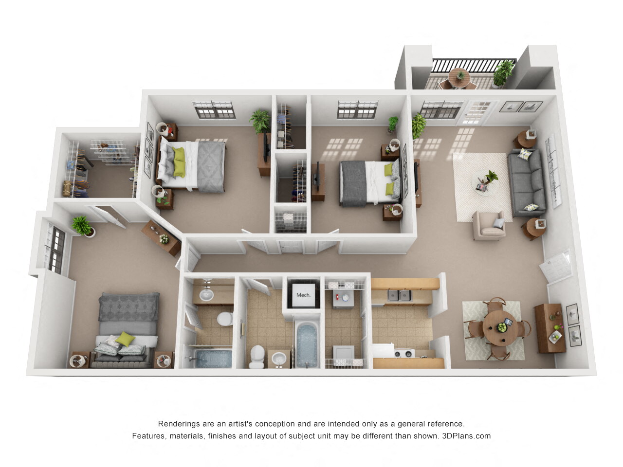 Floor plan for 3 beds, 2 baths, 1227 sqft